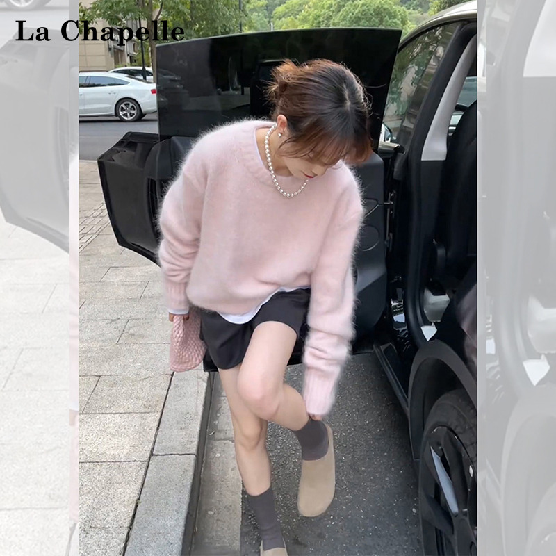 拉夏贝尔粉色海马毛软糯毛衣女