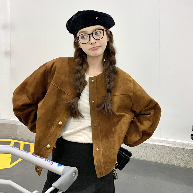 美拉德咖色休闲鹿皮绒短款外套女