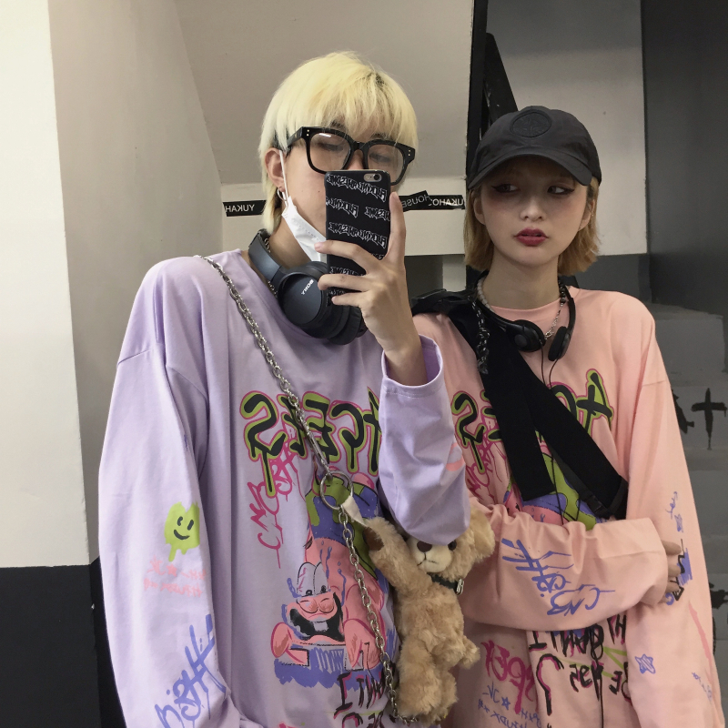 ~2021 spring yuansufeng ins retro cartoon print loose long sleeve T-shirt for men and women