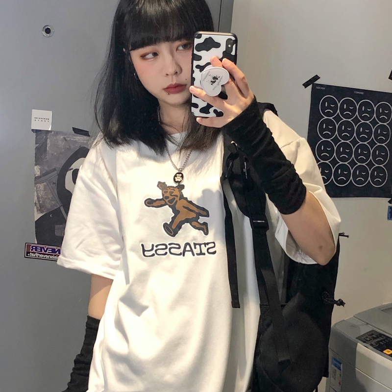  夏季韓版女裝INS復古童趣小熊印花寬鬆百搭短袖T恤上衣女潮