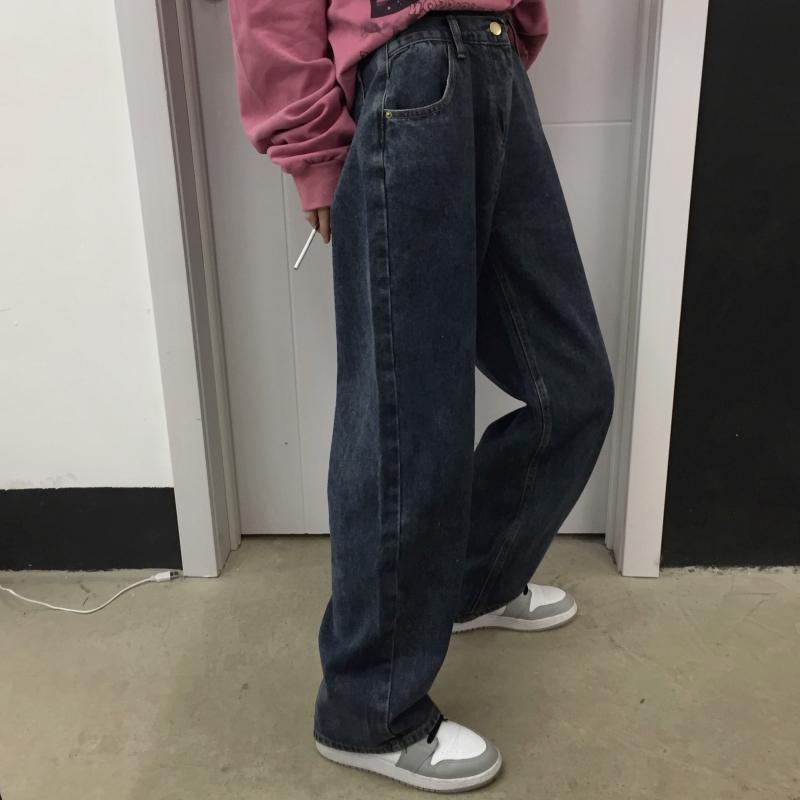 ~2021 Korean women's Retro washable design loose straight skinny wide leg casual jeans for women