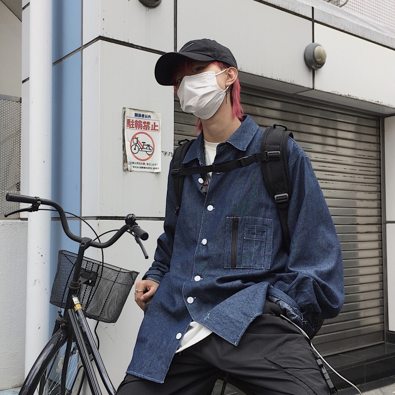 ~Spring 2021 ins Japanese retro denim blue tooling pocket loose long sleeve shirt coat for men and women