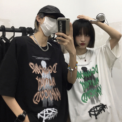 Summer Harajuku style dark retro print loose and versatile short sleeve T-shirt for men and women