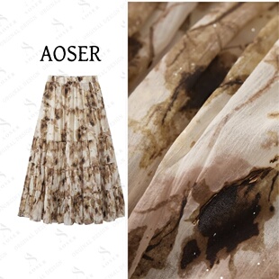 AOSER复古印花百褶半身裙女显瘦显高A字大摆长裙艺术花卉半裙2618