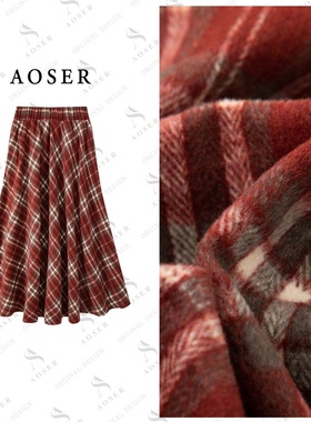 AOSER时尚休闲百搭高腰宽松复古格纹A字半身裙日常轻熟风8668