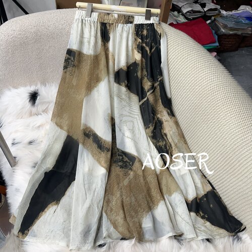AOSER复古拼接印花A字半身裙女高腰系带中长款宽松显瘦裙子5055