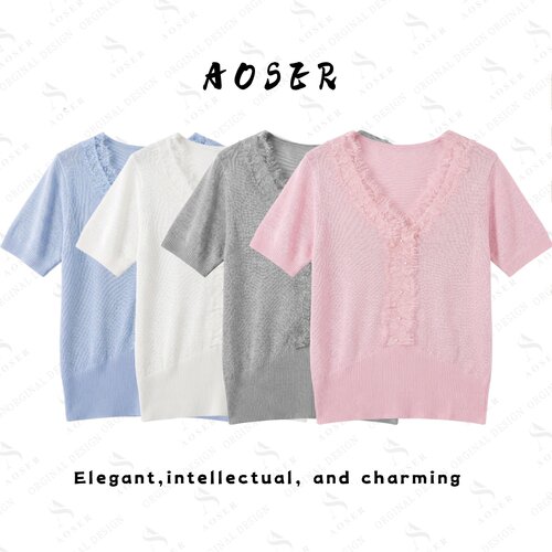 AOSER蕾丝V领针织短袖女夏季薄款透气上衣2657