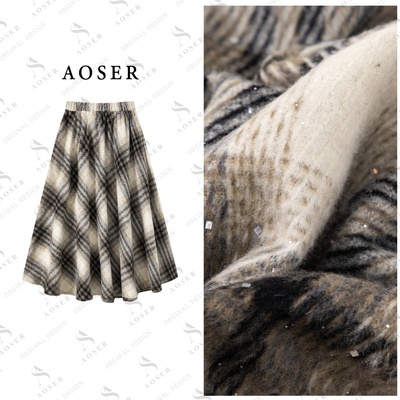 AOSER时尚百搭网红显瘦法式原宿风格纹款格子半身裙3012