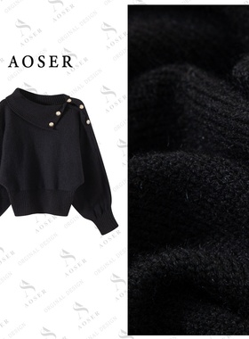 AOSER时尚百搭潮流宽松休闲套头翻领泡泡袖毛针织衫女装25117