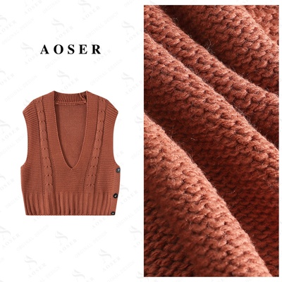 AOSER法式休闲宽松女装针织马夹复古港风V领套头马甲2543