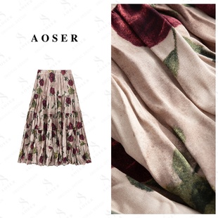 AOSER小清新风气质玫瑰图案时尚 9090 精致百搭潮流半身裙女装