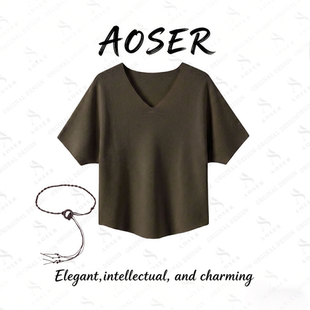 AOSER 时尚显瘦温柔气质优雅知性V领短袖针织衫宽松上衣女装0728