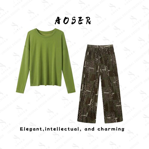 AOSER牛油果绿长袖T恤复古拼花阔腿裤两件套松弛感通勤女装26002