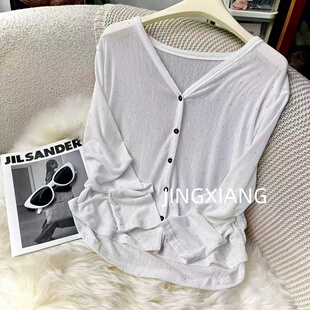 白色纽扣上衣273 轻薄防晒空调衫 AOSER老钱风V领针织开衫 女长袖