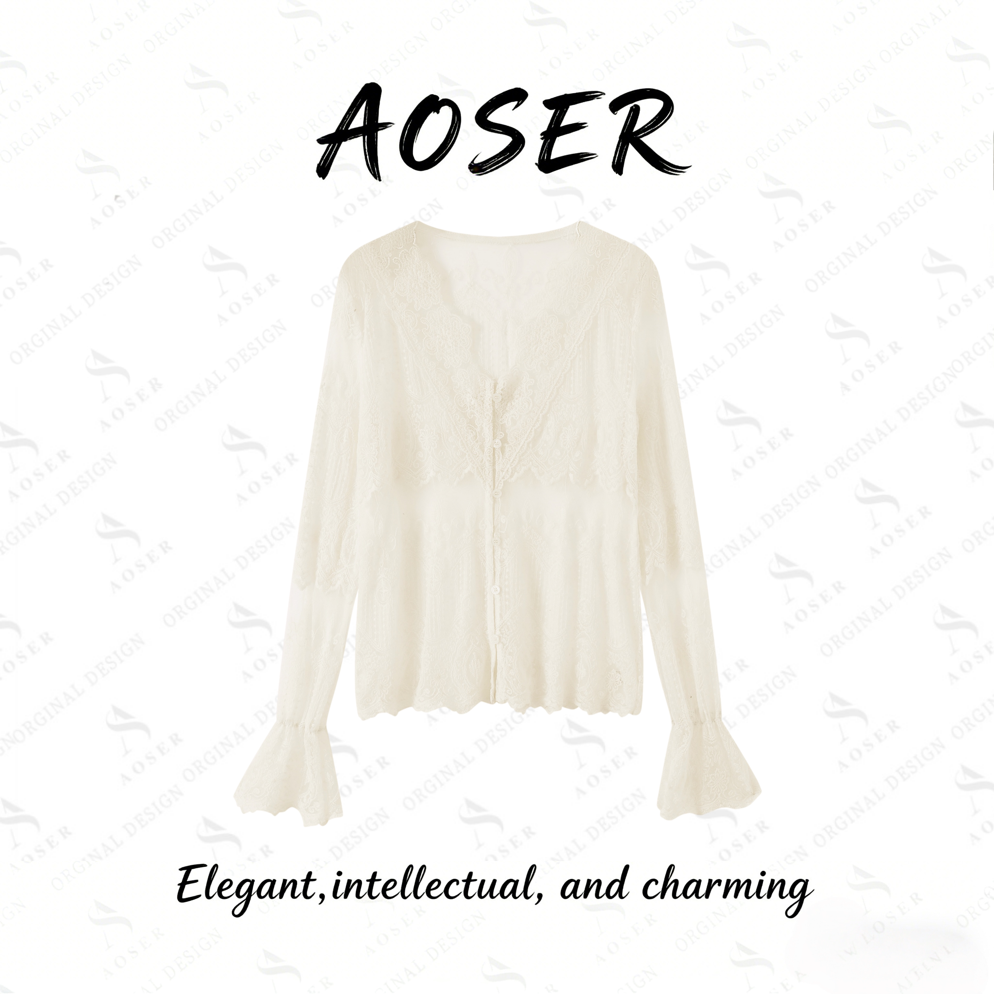 AOSER 时尚气质花瓣袖蕾丝衫打底长袖显瘦镂空上衣简约百搭6133