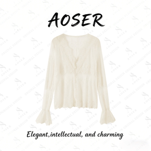 AOSER 时尚气质花瓣袖蕾丝衫打底长袖显瘦镂空上衣简约百搭6133