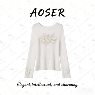 AOSER 韩系花朵镂空针织衫女套头温柔风长袖上衣柔软气质615-1
