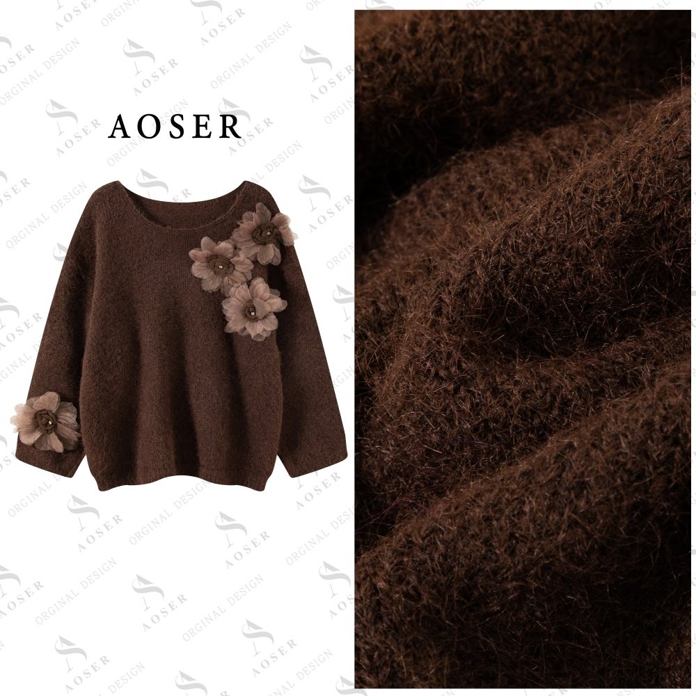AOSER休闲时尚百搭立体花朵气质圆领休闲风毛针织衫女装25116