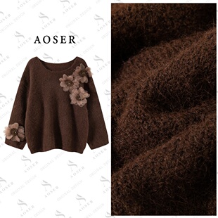25116 女装 AOSER休闲时尚 百搭立体花朵气质圆领休闲风毛针织衫