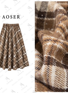 AOSER潮流时尚百搭高腰中长款松紧带格子半身裙女装808