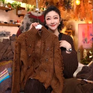 AOSER时尚 立领毛衣外套870 百搭针织气质韩系复古镶钻流苏女装