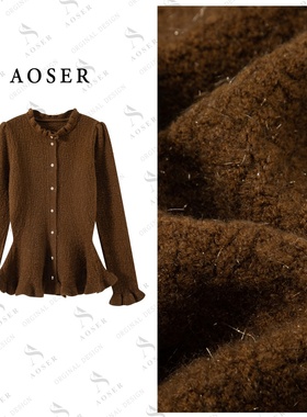 AOSER 法式立领木耳边开衫毛衣女泡泡袖收腰显瘦针织衫25120