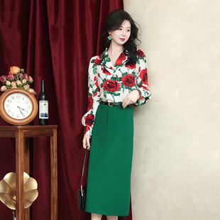 美人如瑰~复古花色玫瑰印花红色减龄V领长袖宽松休闲通勤秋季衬衫