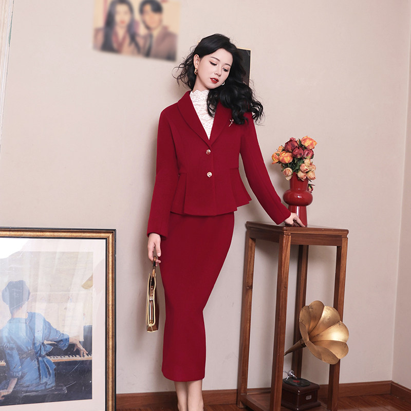 胭脂扣~新娘回门显瘦红色喜庆节日庆典活动主持敬酒服毛呢女套装,女装/女士精品,时尚套装,淘宝优惠券,粉丝福利购,淘宝优惠卷