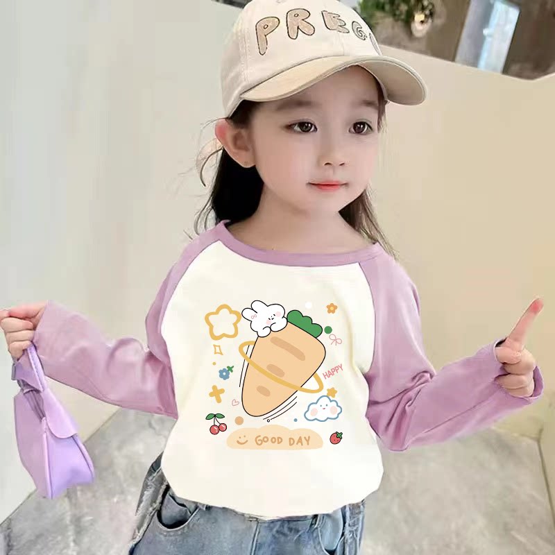 女童纯棉撞色长袖t恤2026春秋薄款新款儿童打底衫小女孩洋气上衣