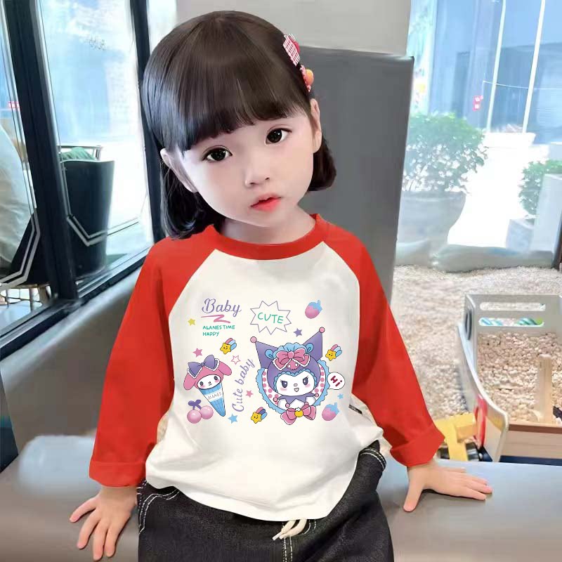 女童100%纯棉长袖t恤春秋薄款库洛米打底衫插肩撞色宝宝潮流上衣
