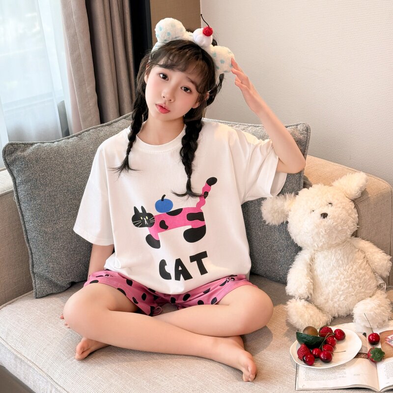 女童夏季纯棉猫咪睡衣套装薄款