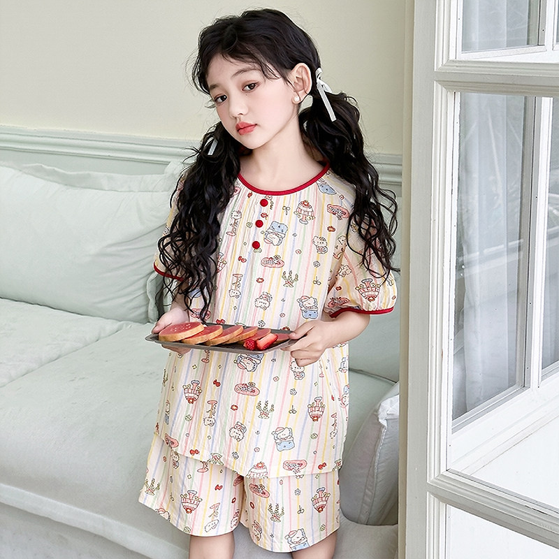 女童套装甜美卡通印花外穿家居服夏季纯棉短袖宽松睡衣夏款两件套