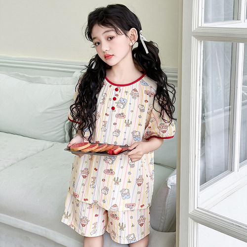 女童套装甜美卡通印花外穿家居服夏季纯棉短袖宽松睡衣夏款两件套