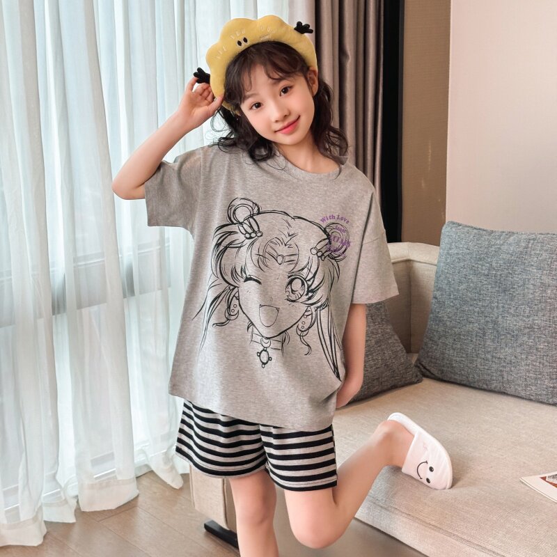 夏季纯棉女童外穿家居服两件套