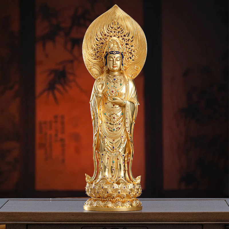 台湾贴金全铜南海观音神像家用供奉观音菩萨观世音的佛像站像摆件