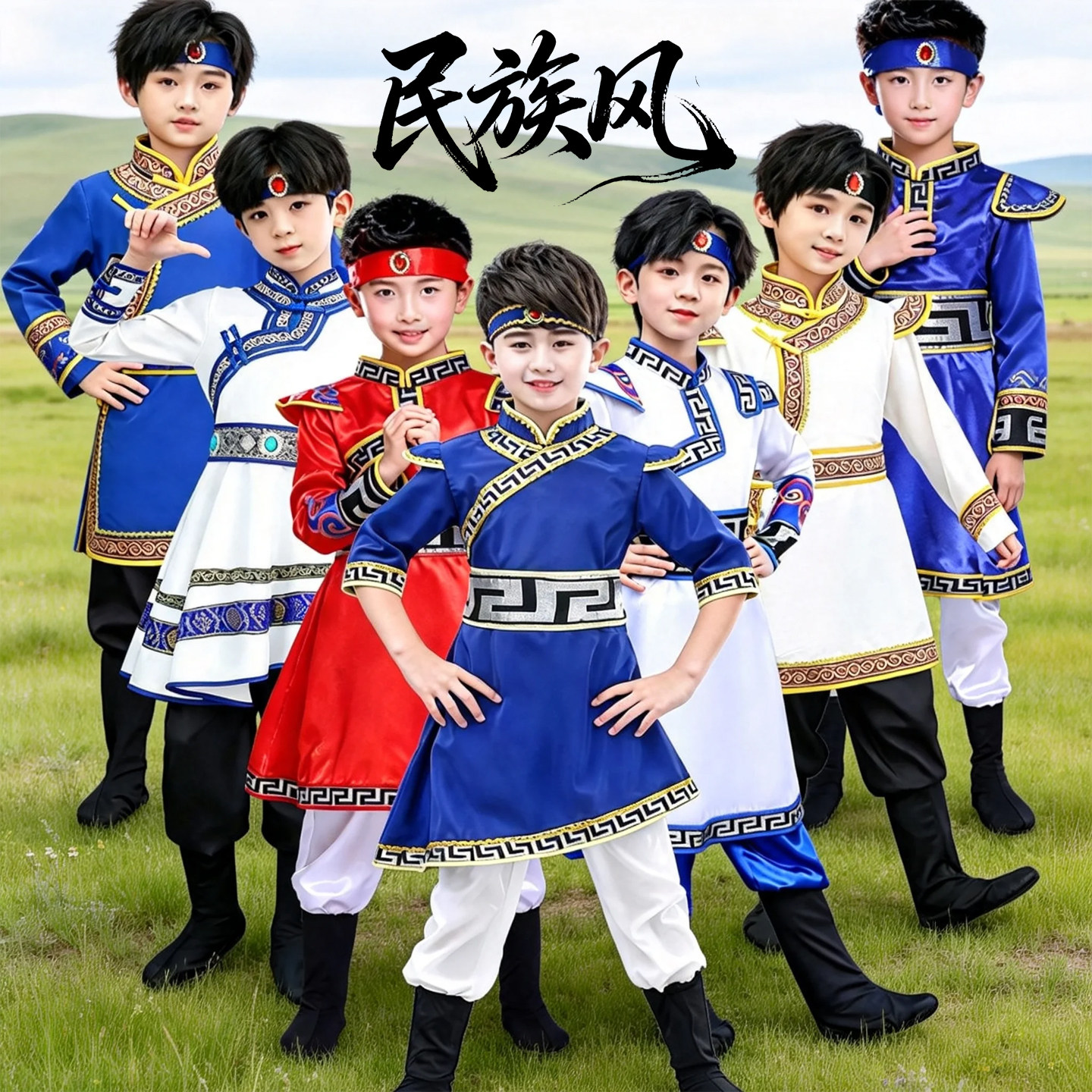 国庆儿童蒙古服族演出服男女童白马筷子舞蹈表演服饰少数民族服装