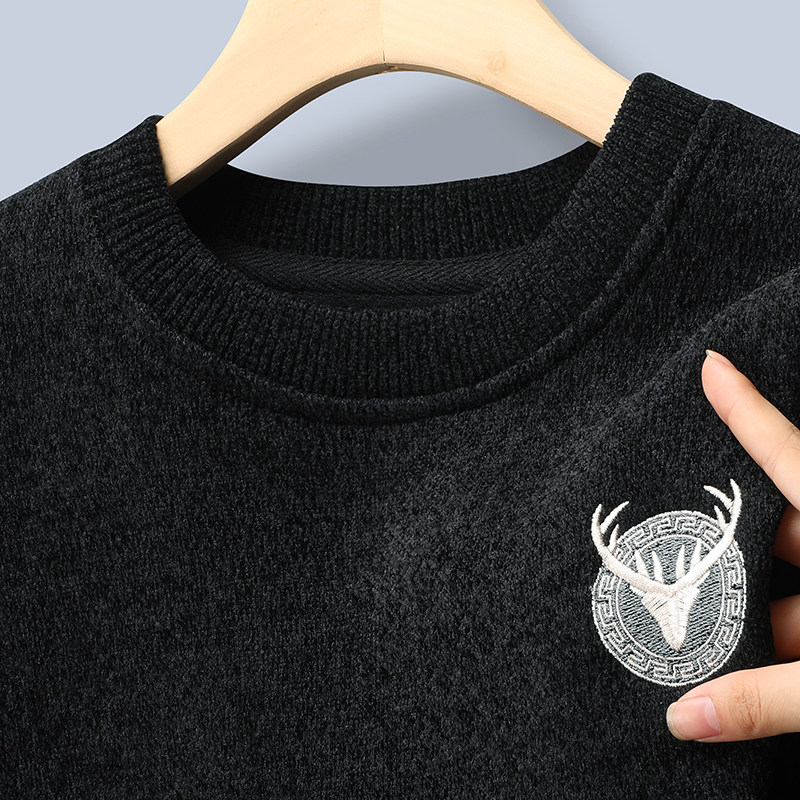 秋冬新款雪尼尔男士加厚毛衣圆领百搭一体绒针织衫加绒保暖上衣潮