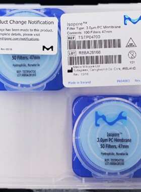 Meck Millipore 密理博 TSTP02500/TSTP04700/TSTP14250 聚碳酸酯表面PC滤膜 孔径3um 100片/盒