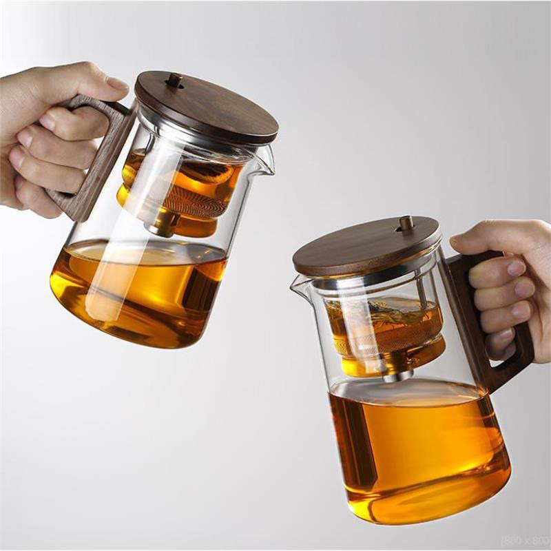 胡桃木玻璃内胆茶水分离杯按压飘逸杯家用泡茶壶耐热玻璃冲茶器