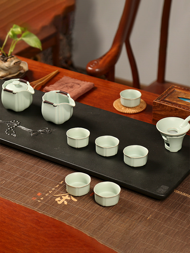 汝窑功夫茶具套装中式手抓泡茶壶天青汝瓷开片陶瓷家用套装