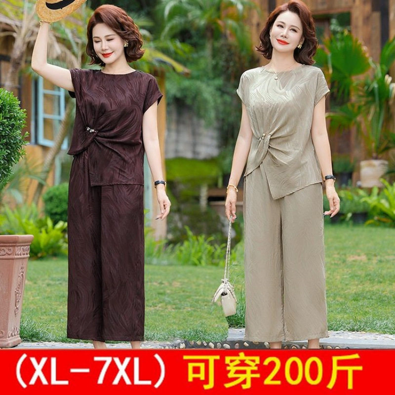 特大码中年妇女夏装短袖T恤套装