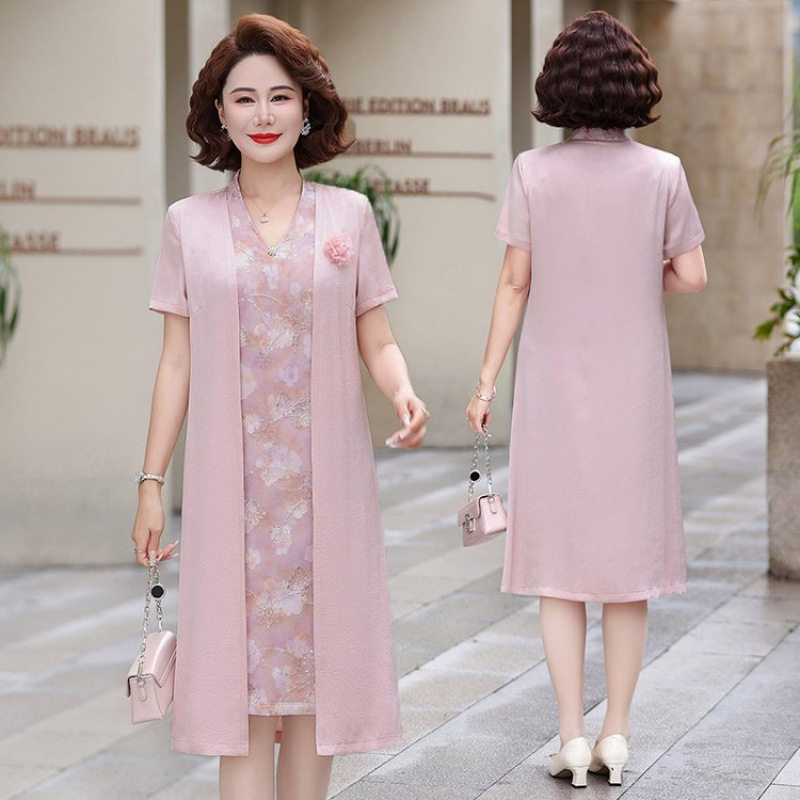 中年妇女夏装假两件连衣裙洋气