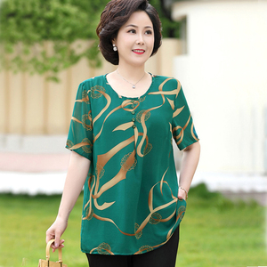 妈妈洋气短袖上衣夏装加肥加大码200斤中老年T恤胖太太女装雪纺衫