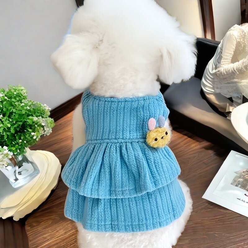 超萌宠物衣服秋冬新款灯芯绒蕾丝吊带开衫蝴蝶结狗狗猫咪保暖裙子