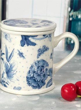 外贸陶瓷出口英国波特美林蓝色花卉马克杯咖啡盖杯餐具350ml杯子
