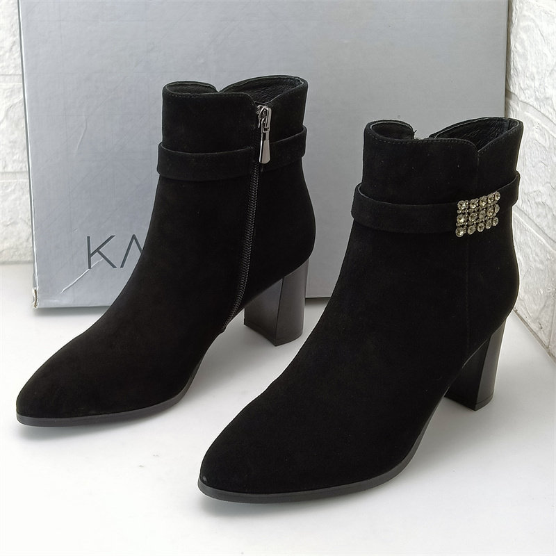 卡迪娜品牌短靴女士真皮时装尖头粗跟秋冬季单里女靴羊反绒皮短靴,女鞋,时装靴,淘宝优惠券,粉丝福利购,淘宝优惠卷