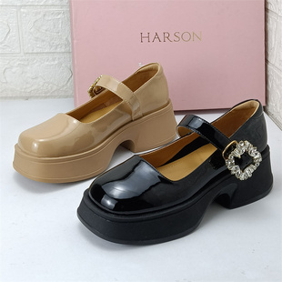 哈森正品撤柜断码处理真皮女鞋厚底马丽珍英伦风单鞋复古法式单鞋