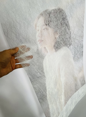 高端定制云丝纸隔断半透纱屏风纱幔布氛围画艺术云雾竹影禅意挂画