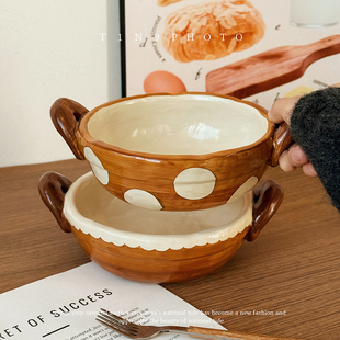 日式餐具吃面碗家用泡面碗漂亮碗具沙拉碗双耳汤碗釉下彩手柄碗