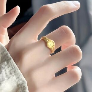 金色小金表戒指520时针手表纯银对戒小众气质高颜值开口戒送女友